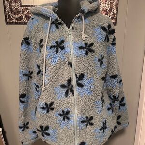 PacSun Fleece Sherpa Jacket Teddy M Oversize green with blue & black Flowers
